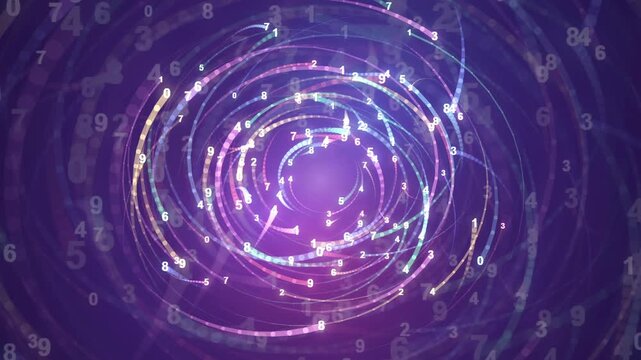 Abstract digital data stream with glowing particles and numbers swirling in a purple cosmic vortex