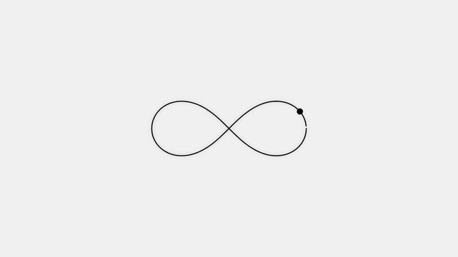 Infinity symbol animation, looping kinetype effect, black dot connecting continuous line, minimalist motion graphic design concept