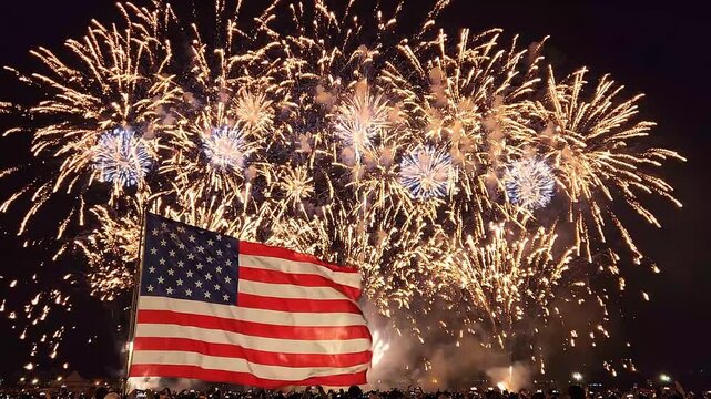 Large american flag waving with vibrant firework display lighting up night sky in cinematic celebration showing pride patriotism national unity during fourth july festive public event.