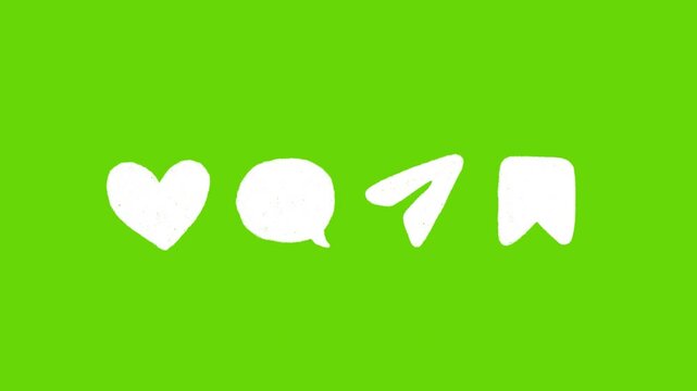 Stop motion animation of social media interface icons including heart, chat, send and bookmark symbols. Minimal textured design for digital communication, Alpha channel.