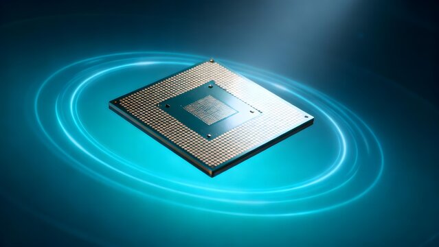 Square microprocessor chip with grid of pins surrounded by glowing blue concentric rings on dark background