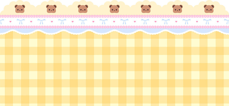 Charming pastel yellow gingham pattern background featuring a delightful border of cute teddy bear faces