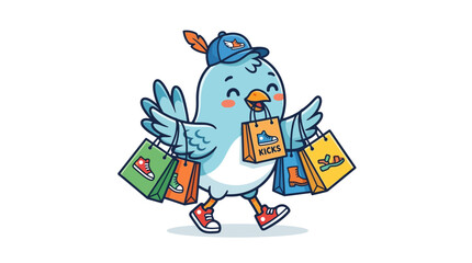 Naklejka premium Happy bird character wearing cap and shoes, carrying shopping bags with sneakers