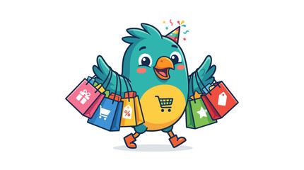 Fototapeta premium Happy cartoon bird with shopping bags, wearing party hat, celebrating sale
