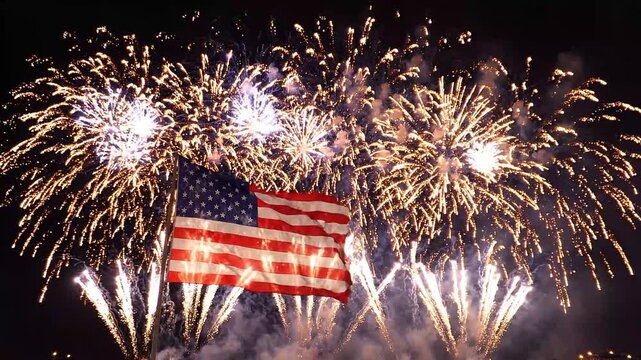 American flag waving in night sky illuminated by bright sparkling fireworks display show celebrating independence day festive national holiday patriotic event cinematic motion footage.