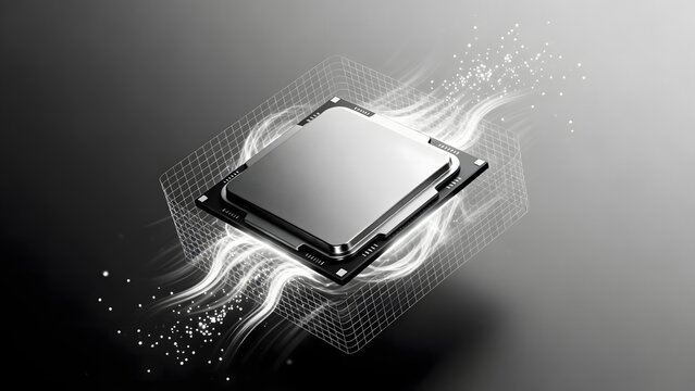Sleek microprocessor chip with glowing energy waves and grid overlay on gradient background