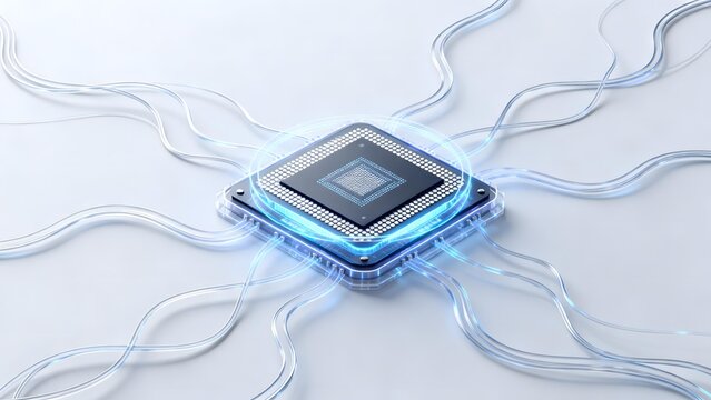 Schematic illustration of a microprocessor with glowing blue energy flows connecting to surrounding wires