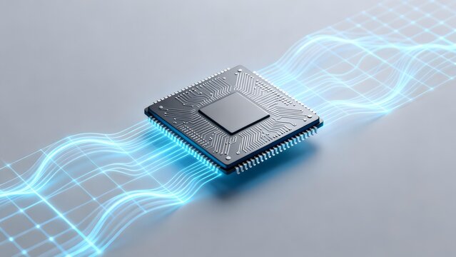 Microprocessor chip with glowing blue data waves on grid background