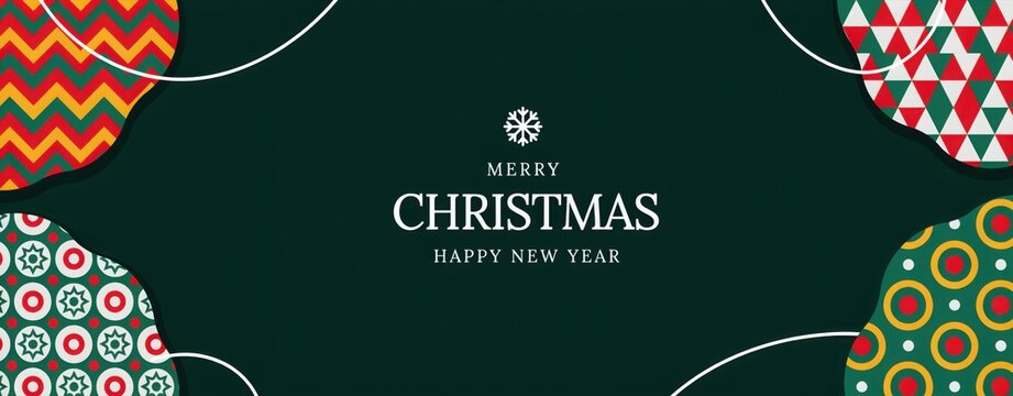 Christmas festive background with traditional colorful geometric patterns in rounded corners for seasonal greeting card banner design and holiday party invitation.
