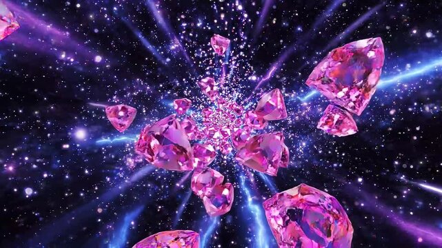 Pink diamonds floating through tunnel of swirling cosmic space with electric lightning flashes and sparkling stardust particles dynamic motion background for modern video production.