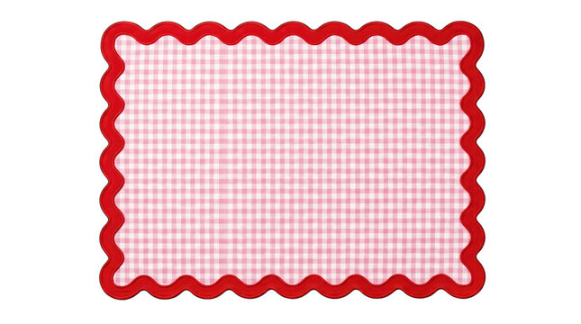 Red and white gingham checkered tablecloth with a decorative scalloped red border isolated on a transparent background.