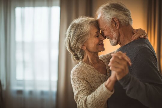 Romantic senior couple dancing slowly together in a cozy home living room