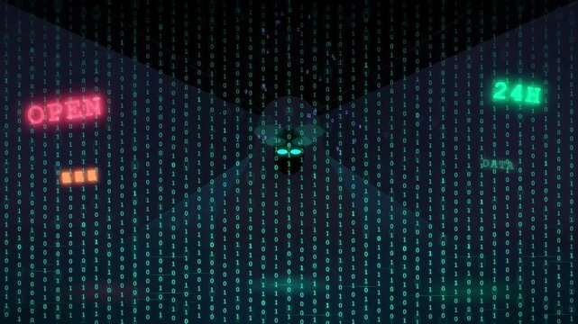 Abstract digital data stream with binary code and futuristic interface elements on dark background