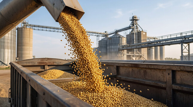 Soybeans pouring from an agricultural grain elevator chute into a truck hopper