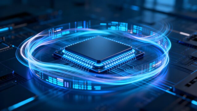 Blue-lit microprocessor surrounded by glowing data streams on circuit board