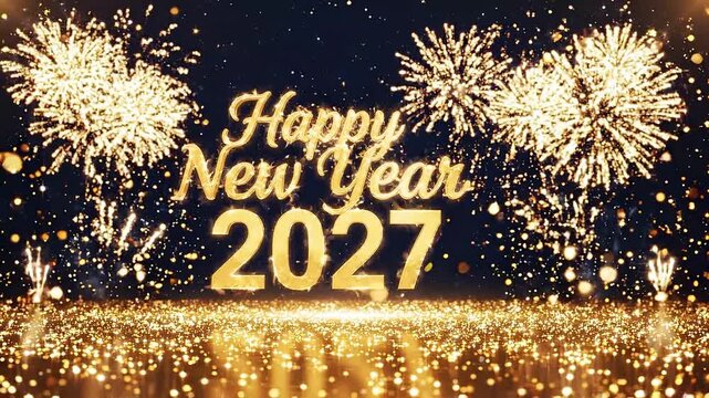 Happy new year 2027 greeting card gold lettering with festive fireworks exploding in dark night sky sparkling glitter ground surface motion graphic background animation video.