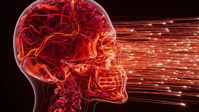 Human skull profile representation filled with glowing neural network connections emitting light particles against dark background conceptual digital animation for scientific research.