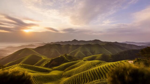 Rolling green mountain terraces spread across distant hills as sunlight shifts over layered fields and misty ridges, showing rural landscape with curved patterns, natural scenery and changing sky