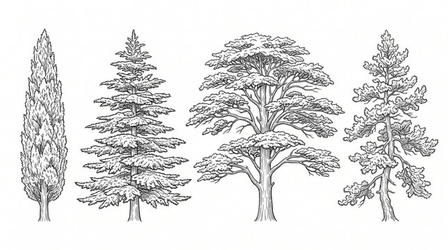 Hand-Drawn Set of Coniferous Trees Illustration, Vintage Engraving Style Pine, Cedar, Cypress and Spruce Trees
