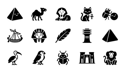 Fototapeta premium Ancient Egypt icon set with 15 black vector symbols, Egyptian culture and history graphics, flat silhouette icons for travel and education