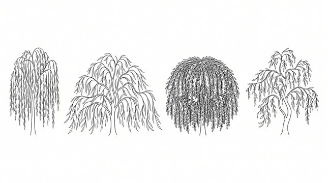 Set of 4 Weeping Willow Tree Line Art Sketches, Hand-Drawn Botanical Illustrations Isolated on White Background