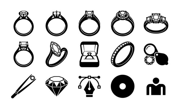 Diamond ring icons set, jewelry design vector elements, engagement and wedding rings collection, 15 black and white symbols for jeweler branding