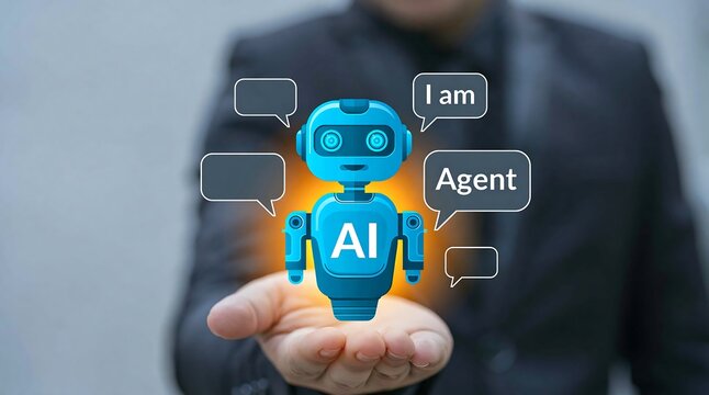 Businessman holding a futuristic blue AI robot agent hologram with speech bubbles for chat support