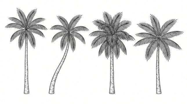 Set of Vintage Hand Drawn Palm Trees Isolated on White Background. Tropical Coconut Tree Engraving Style Vector Illustration.