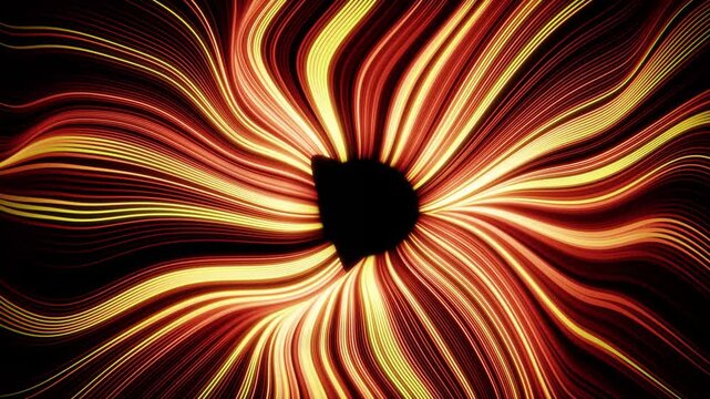 Animated light trails create a mesmerizing visual effect, converging towards a central dark void
