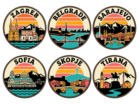 Set of Balkan capital city retro badges featuring Zagreb, Belgrade, Sarajevo, Sofia, Skopje, and Tirana vector illustration