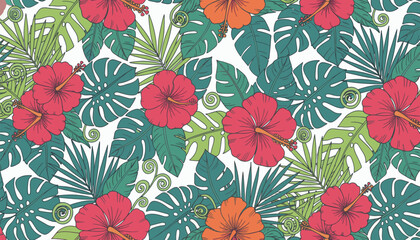 Seamless vibrant tropical pattern with exotic red hibiscus flowers and lush green palm leaves, perfect for summer designs. © asha