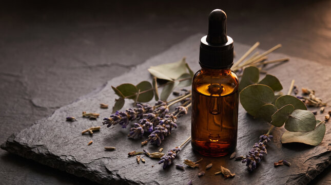 Essential oil dropper bottles flat lay on white marble with dried herbs and flowers, spa wellness lifestyle overhead