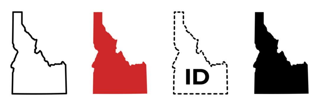 Idaho state map vector set, minimalist US state outlines in red and black, 4 geographic icons for infographics