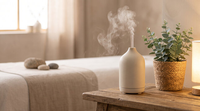 Essential oil dropper bottles flat lay on white marble with dried herbs and flowers, spa wellness lifestyle overhead