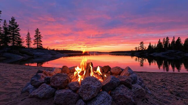 Campfire burning brightly inside stone fire pit on sandy lake beach at sunset with vivid purple orange sky background featuring calm water reflection in beautiful landscape scene.