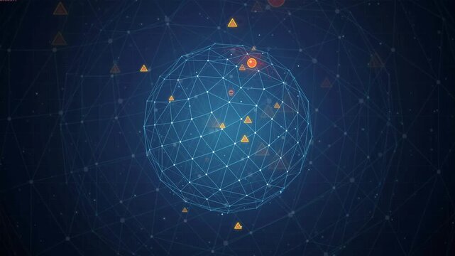 Abstract Digital Globe with Glowing Network Connections and Floating Geometric Particles on Dark Blue Background