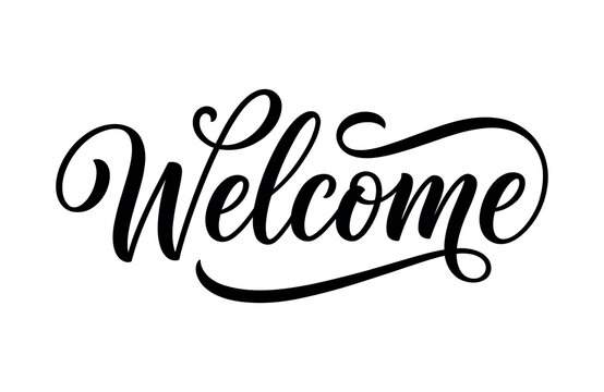 Welcome handwritten calligraphy text banner isolated on white background with black letters