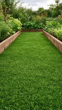 Green Artificial Grass Path with Wooden Borders in a Vibrant Garden