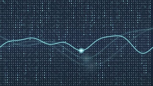 Abstract digital data visualization with glowing wave lines moving across a binary code background