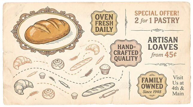 Rustic bakery menu featuring fresh artisan bread loaves and hand crafted pastries.