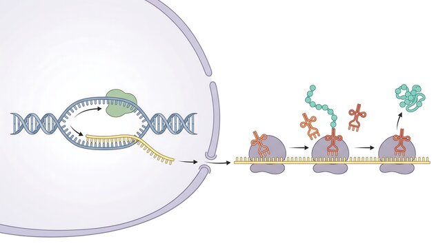 Educational diagram showing the process of gene expression including transcription and translation