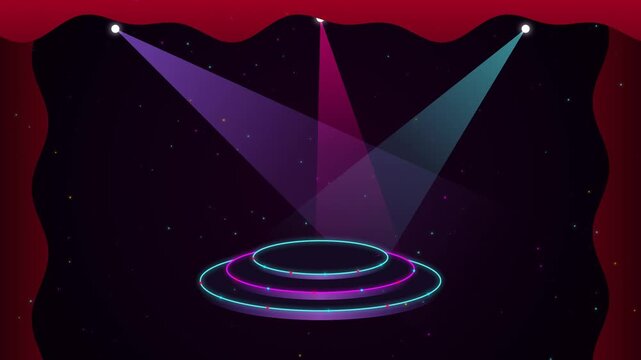 Cartoon stage with red curtain neon podium and colorful shining spotlights on black background