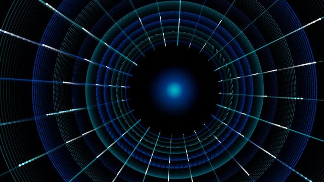 Blue digital tunnel animation with concentric rings and glowing light particles creating a high speed motion effect for motion graphics