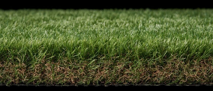 Side view of artificial grass turf showcasing vibrant green blades and underlying brown thatch fibers. Realistic synthetic lawn texture on black background.