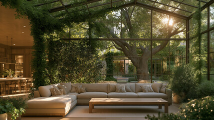 Fototapeta premium Luxurious Greenhouse Living Room: A plush sectional sofa and coffee table are arranged in a sun-drenched living room seamlessly integrated with a lush greenhouse.