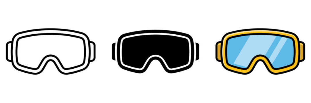 Ski goggles vector icons set, winter sports eyewear collection, 3 flat design snowboard mask symbols for mountain recreation
