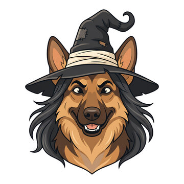 Funny German Shepherd dog face wearing Halloween witch hat. 
Spooky autumn animal character portrait vector illustration
 clipart isolated on black.
