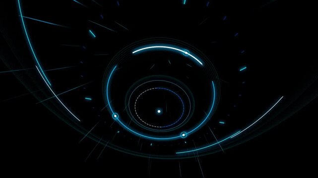 Glowing blue digital HUD interface spinning with futuristic technological circular elements on black