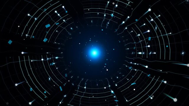 Glowing digital data tunnel featuring endless particles and networking lines moving quickly through a futuristic cyberspace network motion video clip