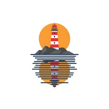 Minimalist lighthouse icon with sunset reflection on water, vector coastal graphic design.